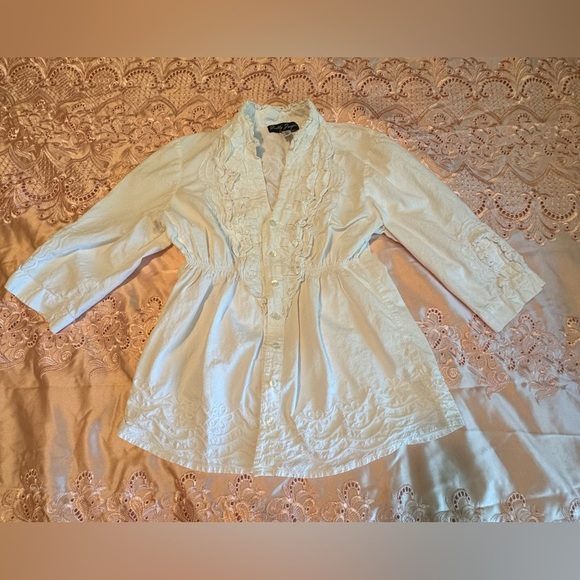 Gretty Zueger White Ruffled 3/4 Sleeve Blouse with Mandarin Collar - Picture 5 of 13